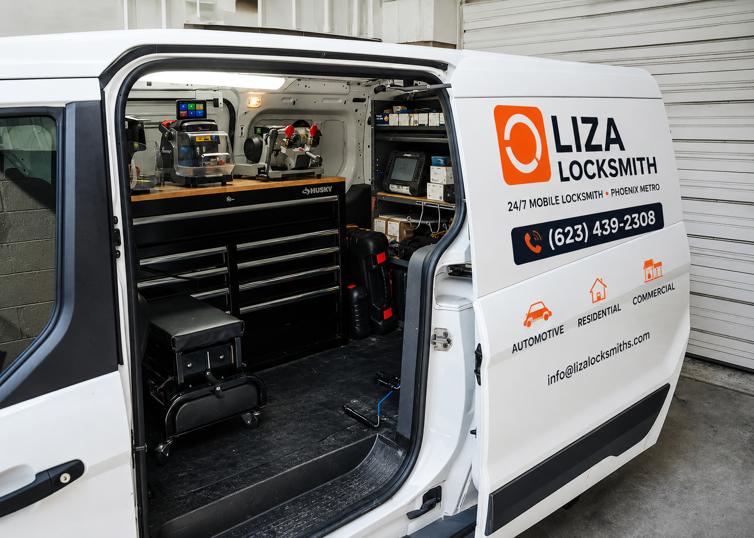 Interior of the Liza Locksmith mobile service van — programming, cutting, and diagnostic equipment