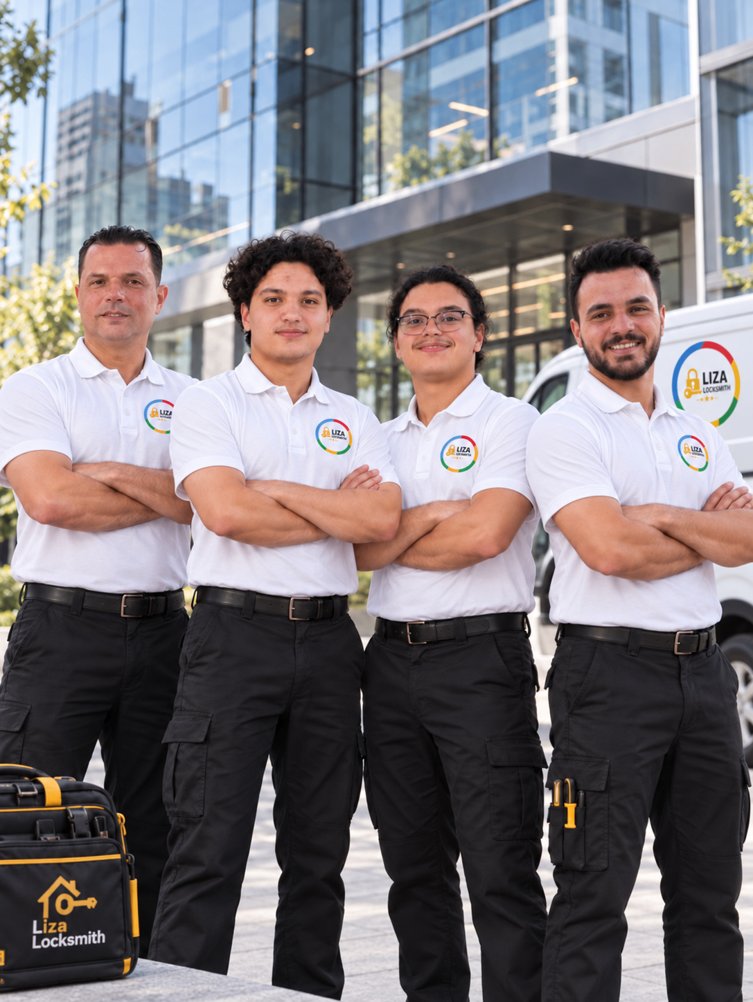 Liza Locksmith Phoenix technicians beside the mobile service van
